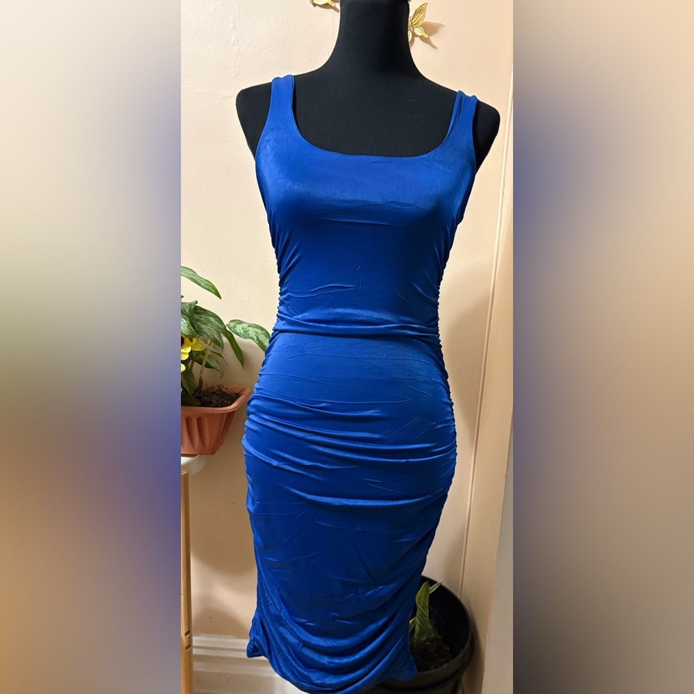 Sleek Royal Blue Ruched Tank Midi Dress